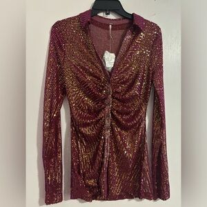 Free People Sequin Shirtee Dark Rhubarb Top Size S